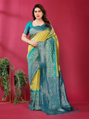 VASTUKALA Woven Kanjivaram Pure Silk, Art Silk Saree(Yellow, Blue)