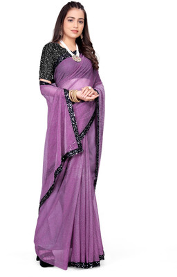 HouseOfCommon Solid/Plain, Embellished Bollywood Lycra Blend Saree(Purple, Black)