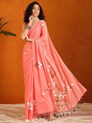 Anjaneya Sarees Polka Print Bollywood Linen Saree(Pink)