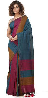 SUBHO SAREE CENTRE Solid/Plain Handloom Cotton Blend Saree(Dark Green, Multicolor)