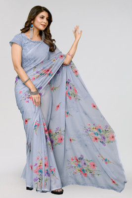 Nirvaan Floral Print Bollywood Georgette Saree(Grey)