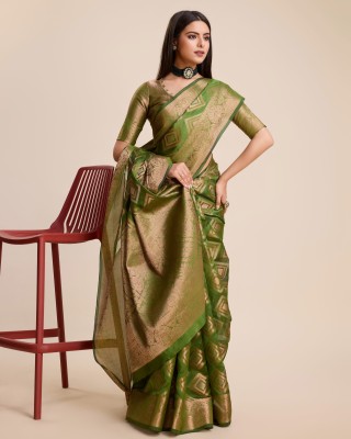 yourwish Woven, Striped, Floral Print, Embellished, Color Block Bollywood Organza Saree(Gold)