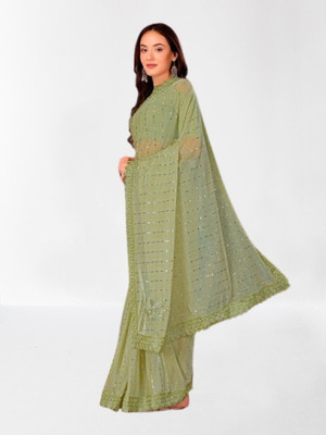 Vragi Embellished Bollywood Lycra Blend Saree(Light Green)