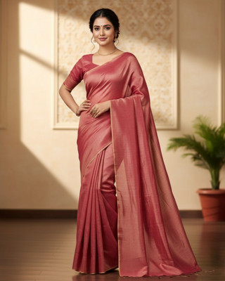 Sutayan Solid/Plain Handloom Tissue Saree(Pink)