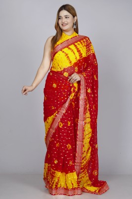 KHATRI AND SONS Hand Painted, Embellished, Woven, Geometric Print, Printed Handloom Chiffon Saree(Red, Yellow)