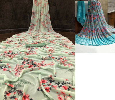 Sanjana Silk Floral Print Bollywood Georgette Saree(Pack of 2, Green)