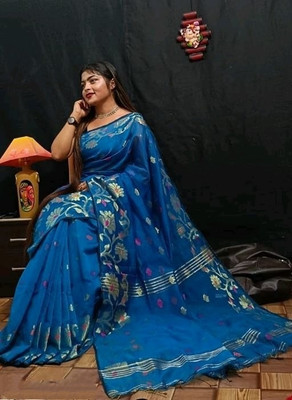 Parbati fashion Woven Jamdani Cotton Silk Saree(Blue)
