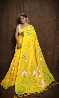 DipDiya Hand Painted Handloom Cotton Blend Saree(Yellow)