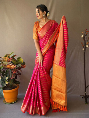all about you Woven Leheria Cotton Blend Saree(Pink)