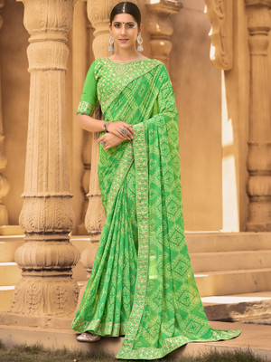 Sareemall Embroidered Bandhani Georgette Saree(Green)