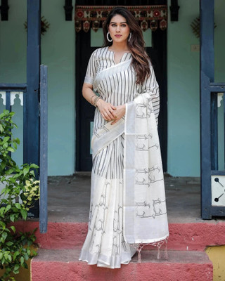 parakhiya fab Printed Daily Wear Cotton Linen Saree(White)
