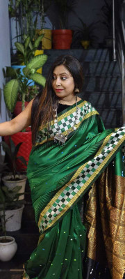 Welcome clothing center Temple Border, Self Design Sambalpuri Cotton Silk Saree(Green)