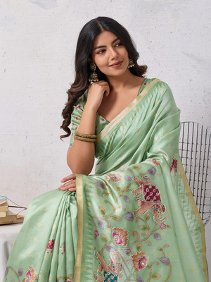 Tasrika Embellished, Printed, Woven Kalamkari Tussar Silk Saree(Green)