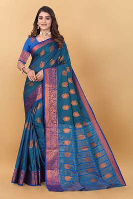 HK Trading Woven Bhagalpuri Silk Blend, Dupion Silk Saree(Dark Blue)