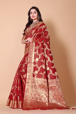 RIVETSTYLE Woven Bollywood Silk Blend, Jacquard Saree(Red)
