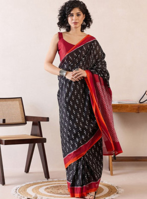 SHANISHKA Printed, Color Block, Blocked Printed, Floral Print, Dyed Daily Wear Pure Cotton Saree(Black)