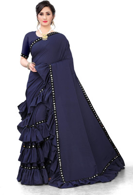 fentik.com Solid/Plain Bollywood Lycra Blend Saree(Dark Blue)