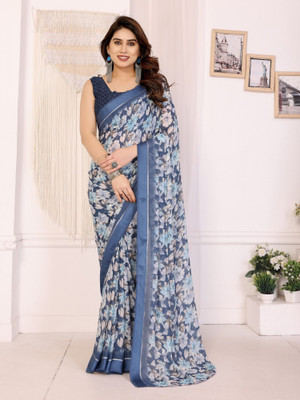 HouseOfCommon Digital Print, Floral Print Daily Wear Georgette, Satin Saree(Blue)