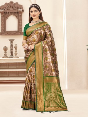 BUNAWAT Woven Handloom Silk Blend Saree(Green)