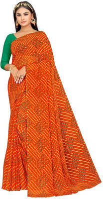 Pemal Designer Striped Daily Wear Georgette Saree(Orange)