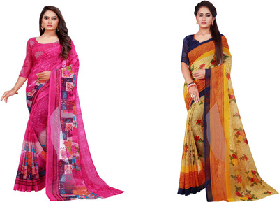 Saadhvi Floral Print Daily Wear Georgette Saree(Pack of 2, Gold)