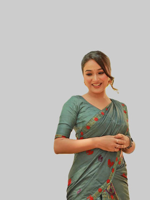 GRUJHA Self Design Mekhela Chador Polyester Saree(Dark Green)