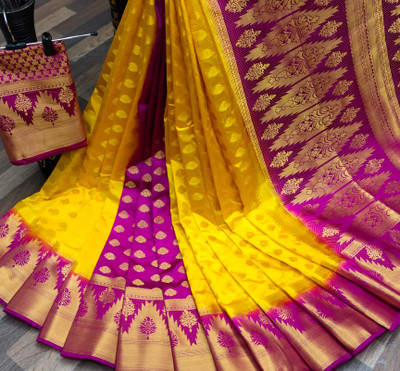 Balaji Dyed Banarasi Nylon Saree(Yellow, Pink)