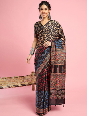 Divastri Printed Hand Batik Silk Blend Saree(Beige)