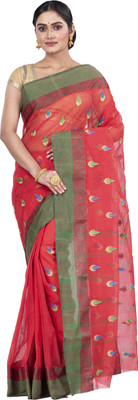 DipDiya Embroidered Tant Pure Cotton Saree(Red)