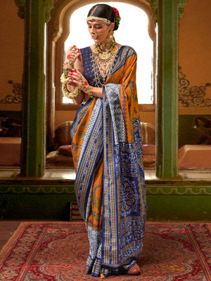 Tasrika Woven Ikkat Silk Blend Saree(Mustard)