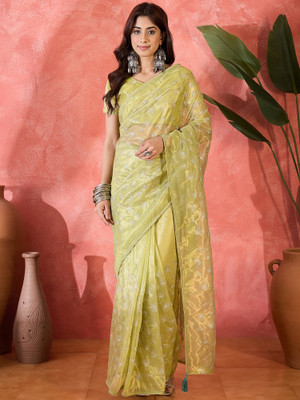 Sangria Embroidered Saree with Attached Blouse Net Saree(Green)