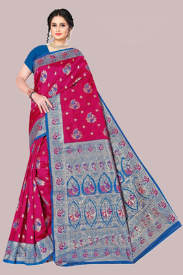 Radharani fusion Woven Banarasi Art Silk Saree(Pink, Blue)