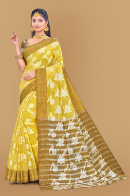 Gita Textiles Woven, Dyed Chanderi Cotton Blend Saree(Yellow)