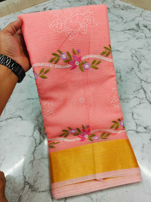 LYANNA Embroidered, Floral Print, Woven Bollywood Handloom Cotton Silk Saree(Orange)