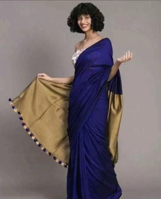 HouseeeStar Solid/Plain Handloom Cotton Blend Saree(Blue, Gold)