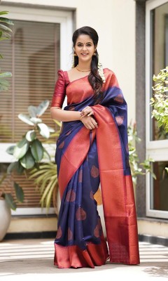 Aldwych Woven Banarasi Silk Blend Saree(Dark Blue)