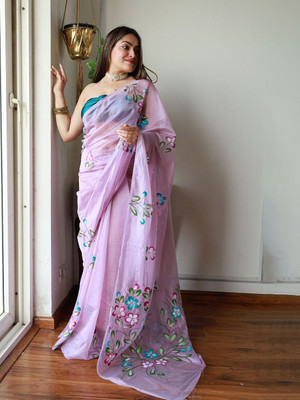 ANOUK Printed Saree with Attached Blouse Organza Saree(Purple)