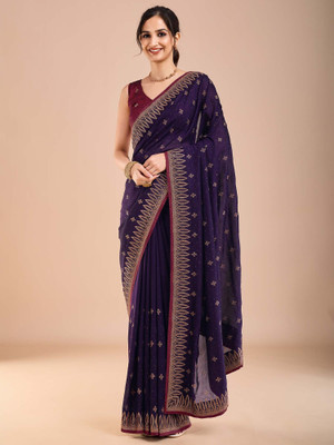 Tasrika Embroidered Bollywood Silk Blend Saree(Purple)