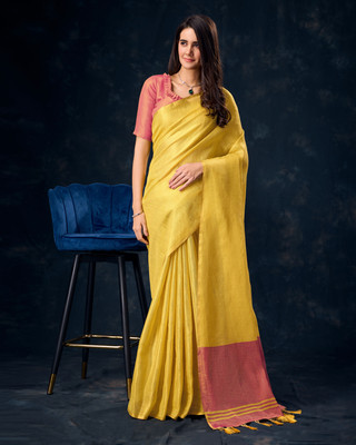 RekhaManiyar Solid/Plain Saree with Attached Blouse Tissue Saree(Yellow)