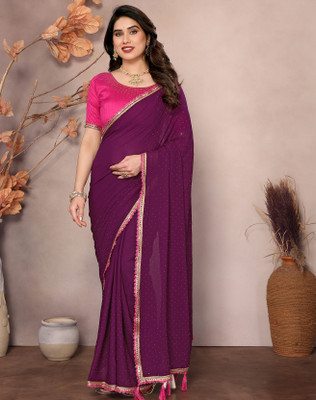 YASHIKA Printed Bollywood Georgette, Lace Saree(Purple)