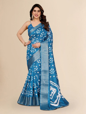Moda Rapido Printed Bandhani Cotton Blend Saree(Light Blue)