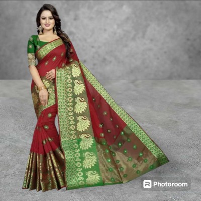 prasad fab Self Design Assam Silk Jacquard Saree(Red)