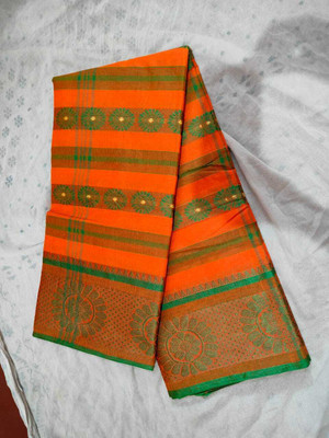 Ghosh handloom Temple Border Tant Cotton Blend Saree(Orange)