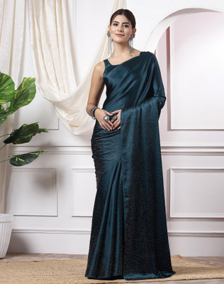 SIRIL Solid/Plain, Embellished Bollywood Satin, Silk Blend Saree(Blue)