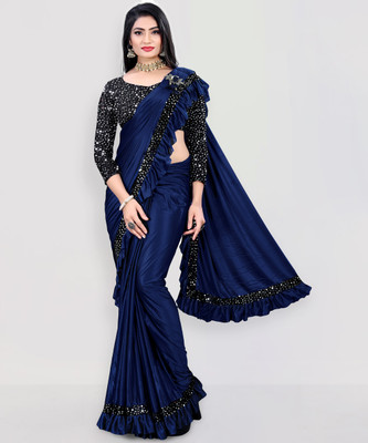 JAY AMBEY FABRICS Embellished Bollywood Lycra Blend Saree(Blue)