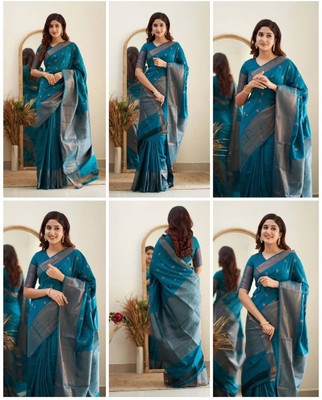 VK Enterprise Woven, Self Design Banarasi Silk Blend Saree(Light Blue)