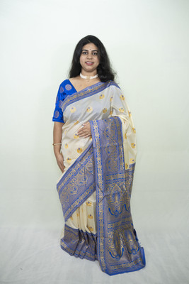 SnehaFashion Creation Woven Banarasi Silk Blend Saree(White, Blue)