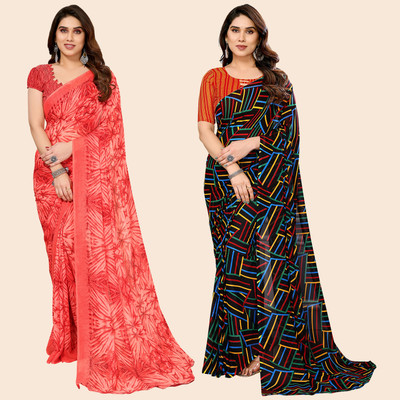 kashvi sarees Self Design, Printed Daily Wear Georgette Saree(Pack of 2, Red, Pink, Multicolor)