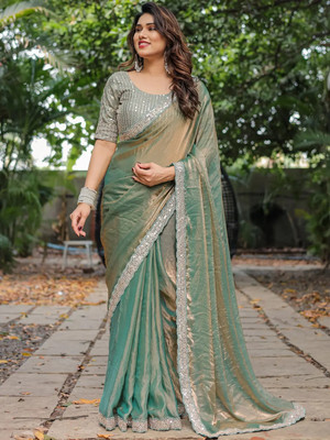 VISVASTA Dyed Bollywood Chiffon, Tussar Silk Saree(Light Green)