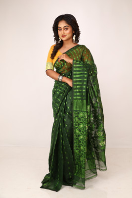 GOURISAREE Self Design Jamdani Cotton Silk Saree(Dark Green)